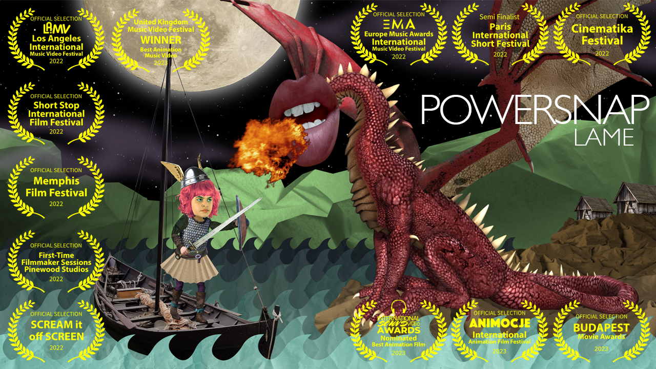 Paper cutout animation of viking girl on a boat swiping a sword at a big lip faced dragon. PowerSnap 'Lame' animated music video. Surrounded by laurels of success as at awards and festivals. Click image to visit it's portfolio page